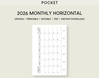 2026 Pocket Monthly Planner Printable Inserts: Horizontal Layout (PDF)