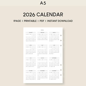 2026 Kalender A5 Druckbare Einlage | Sonntag, Montag Start | Datierte Jahresvorlage | Minimalistische Jahresübersicht