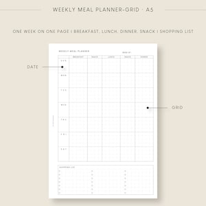 Weekly Meal Grid A5 Planner Insert | Grocery Shopping List | Printable ...
