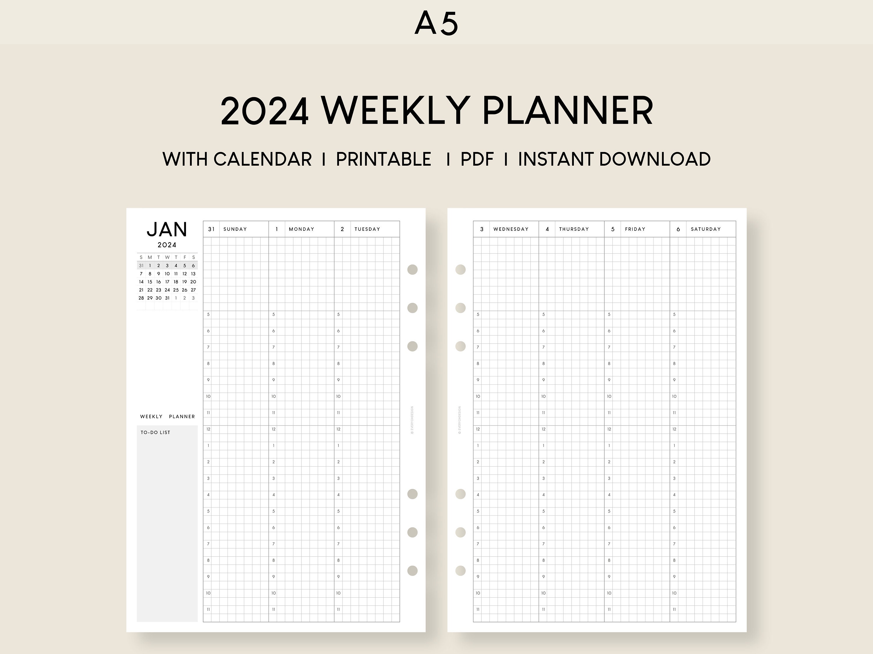 Agenda settimanale 2024 con inserti stampabili di calendario