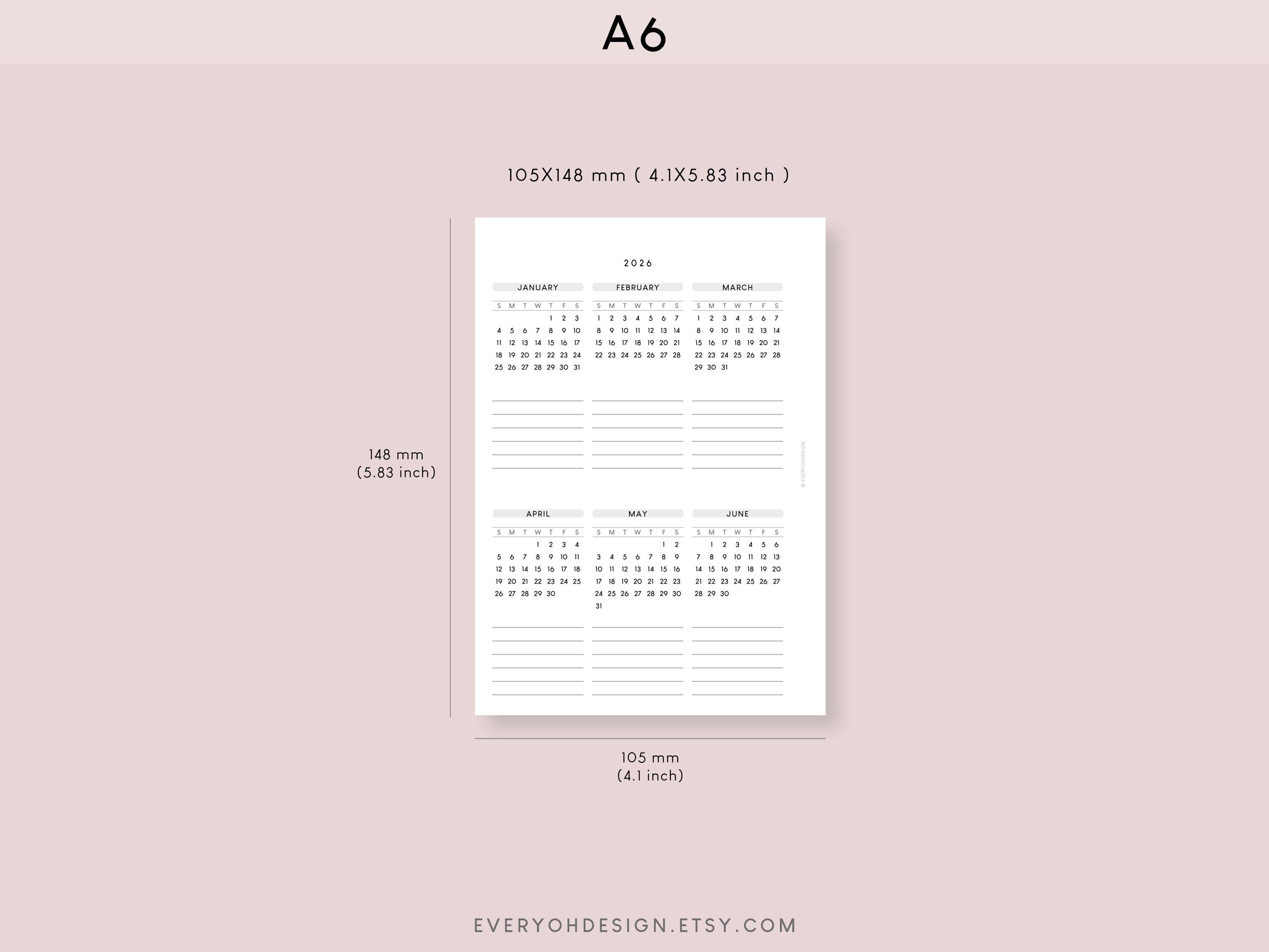 2026 Yearly Calendar A6 Printable Inserts: Minimalist Planner (PDF ...