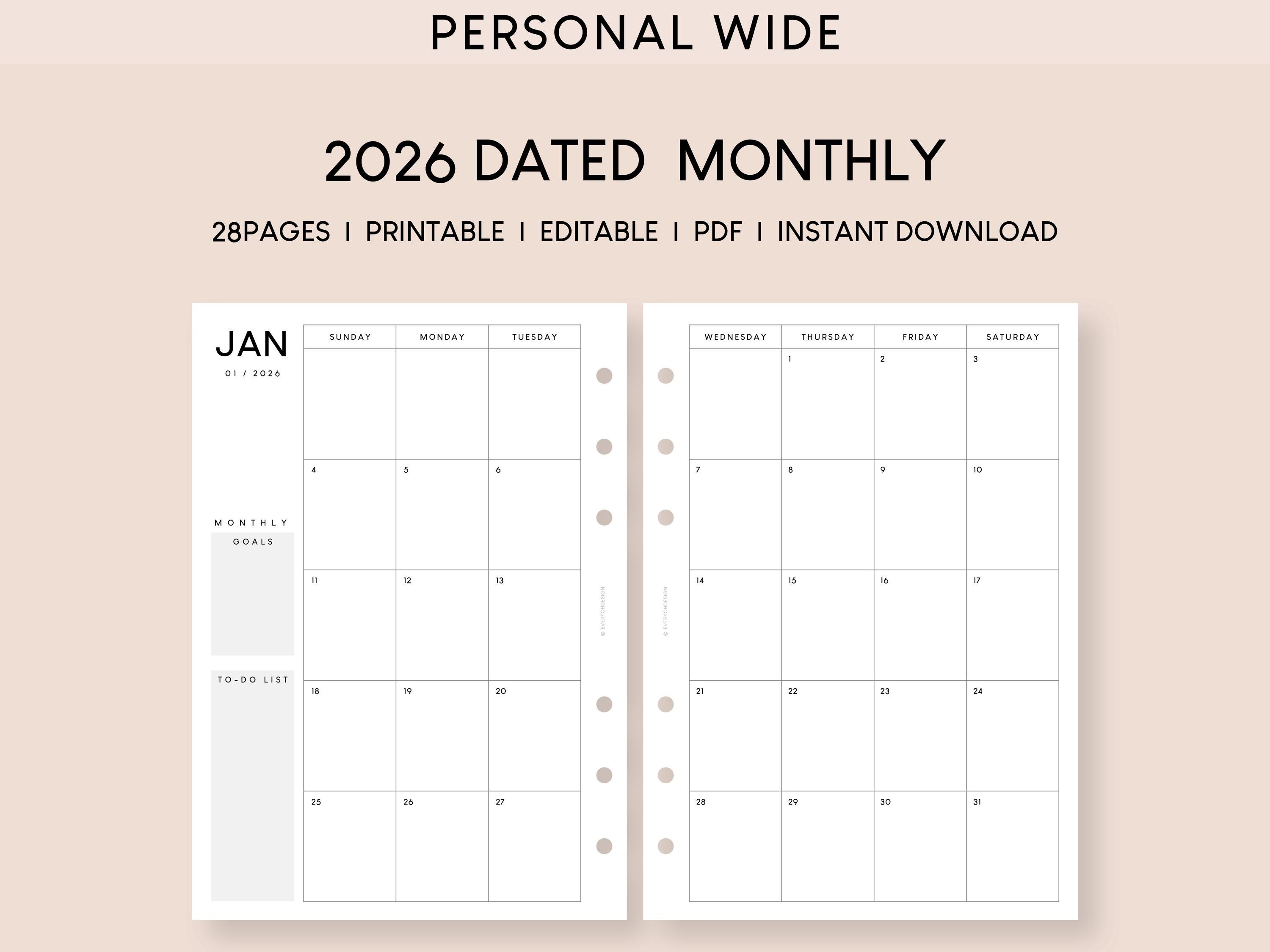 2026 Monthly Calendar Planner Insert: Personal Wide, Minimalist ...