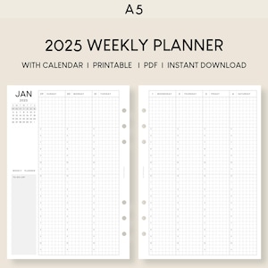 2025 Weekly Planner with Calendar Printable Inserts | 52 Week Hourly Journal Template | A Week On Two Pages | Schedule Planning Management