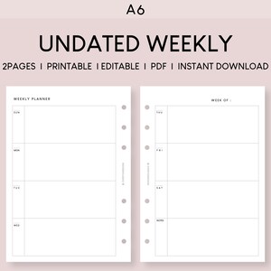 Könnte beinhalten: Ein druckbarer A6-Wochenplaner mit schlichtem Design. Der Planer bietet Platz für jeden Tag der Woche, mit einem Notizbereich am unteren Rand. Der Text "WEEKLY PLANNER" befindet sich oben auf der linken Seite und "WEEK OF" oben auf der rechten Seite.