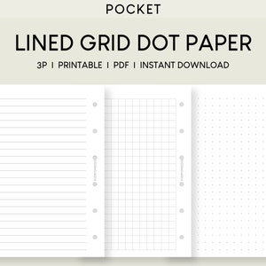 Puede incluir: Tres páginas imprimibles de papel rayado, cuadriculado y punteado para una agenda de bolsillo. Las páginas tienen agujeros perforados en el lateral para una carpeta.