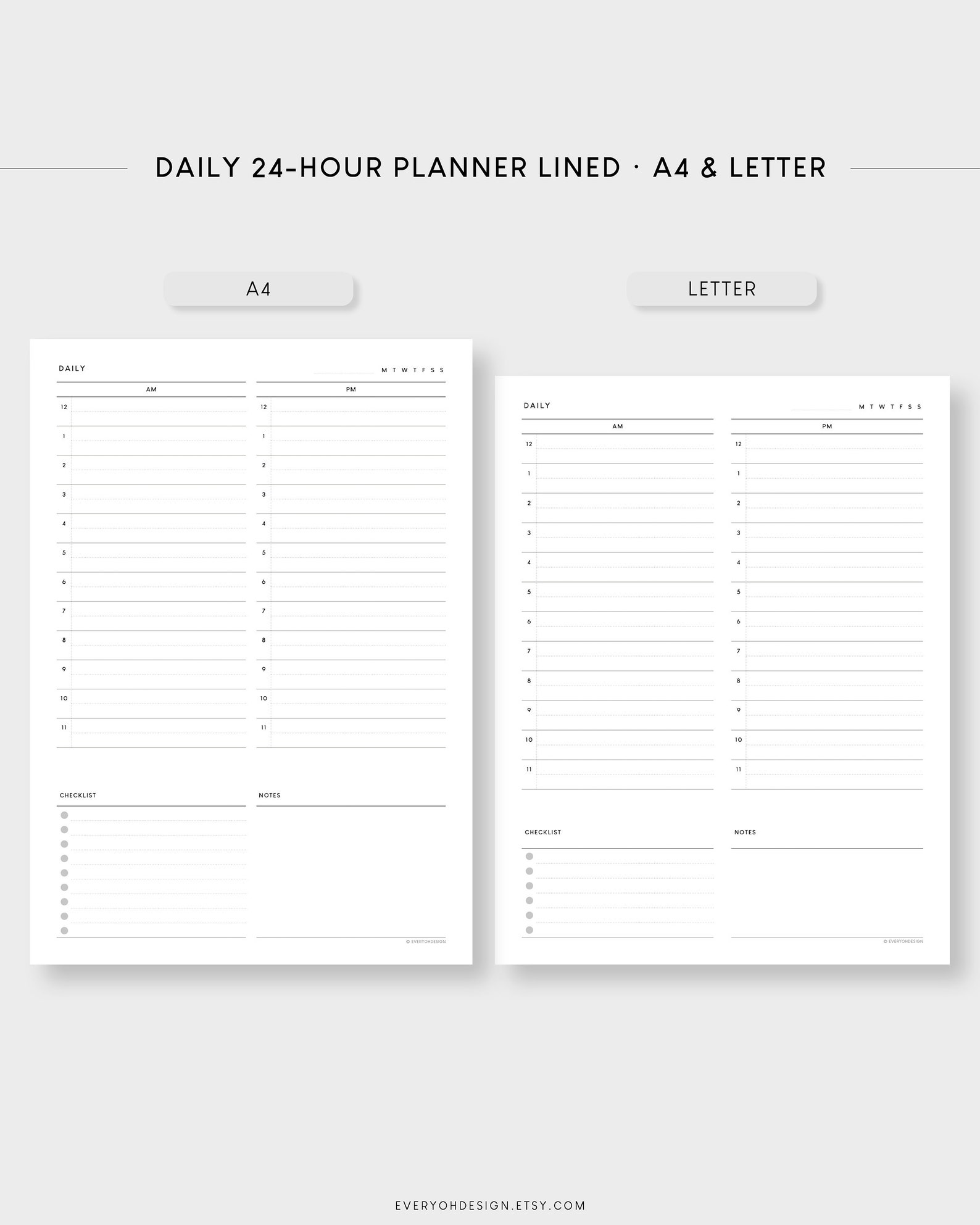 24 Hour Daily Planner Printable: Minimalist Hourly Schedule (A4 ...