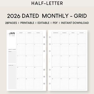 2026 Monatsplaner: Halbbuchstabe Kalender druckbare & bearbeitbare PDF