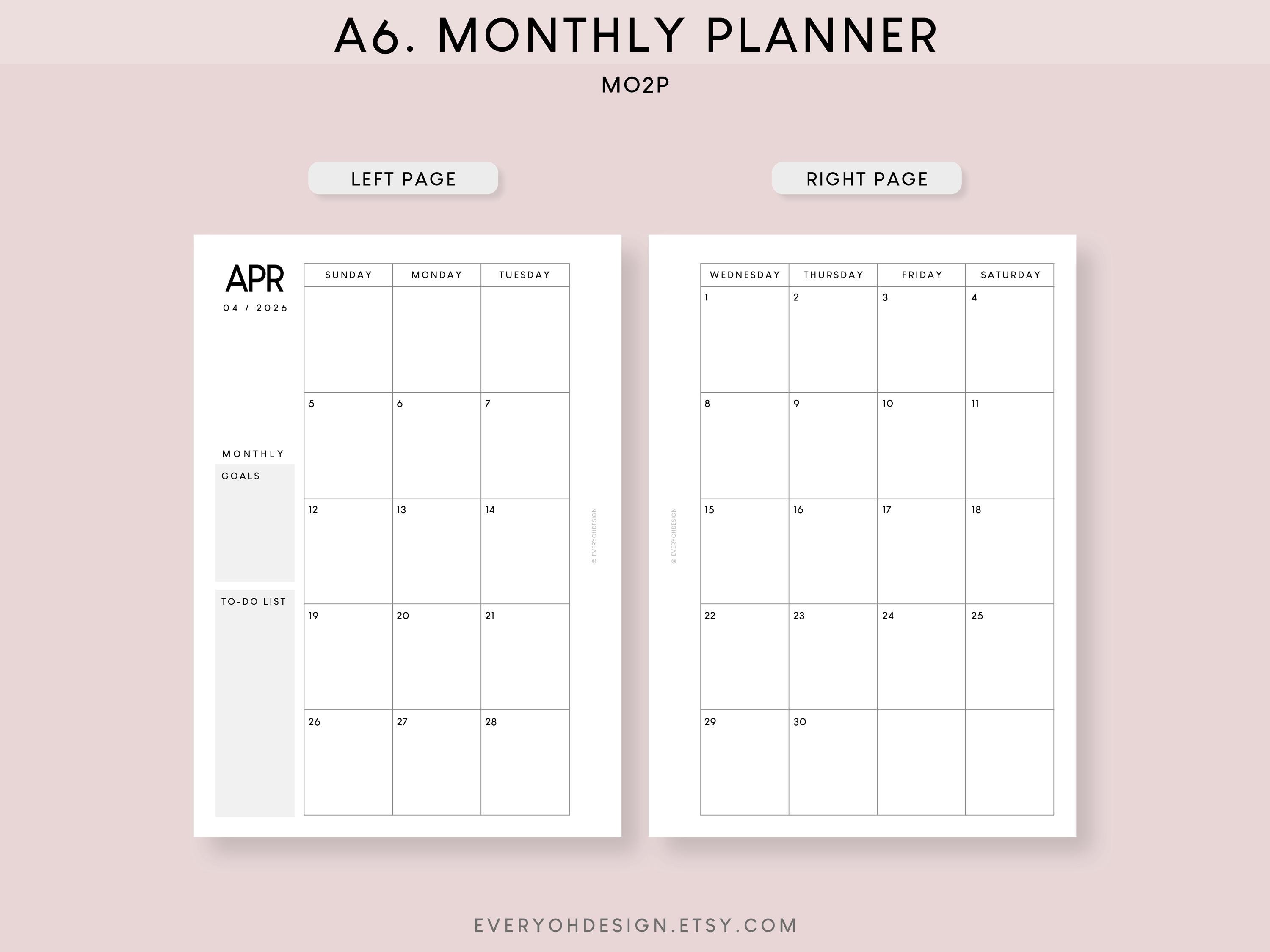 2026 A6 Monthly Calendar Printable Inserts (included Editable PDF) - Etsy
