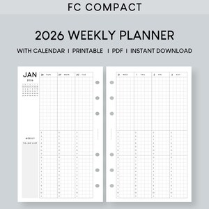 Op de afbeelding: Een witte wekelijkse planner voor 2026 met kalender, printbaar, PDF en direct downloaden. De planner heeft een rasterindeling met tijdvakken en een kleine kalender voor januari 2026. De tekst "FC COMPACT" staat bovenaan.