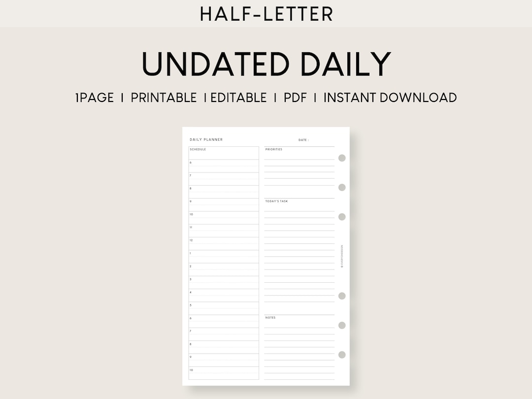 Minimalist Undated Daily Planner: Half Letter, Printable & Fillable ...