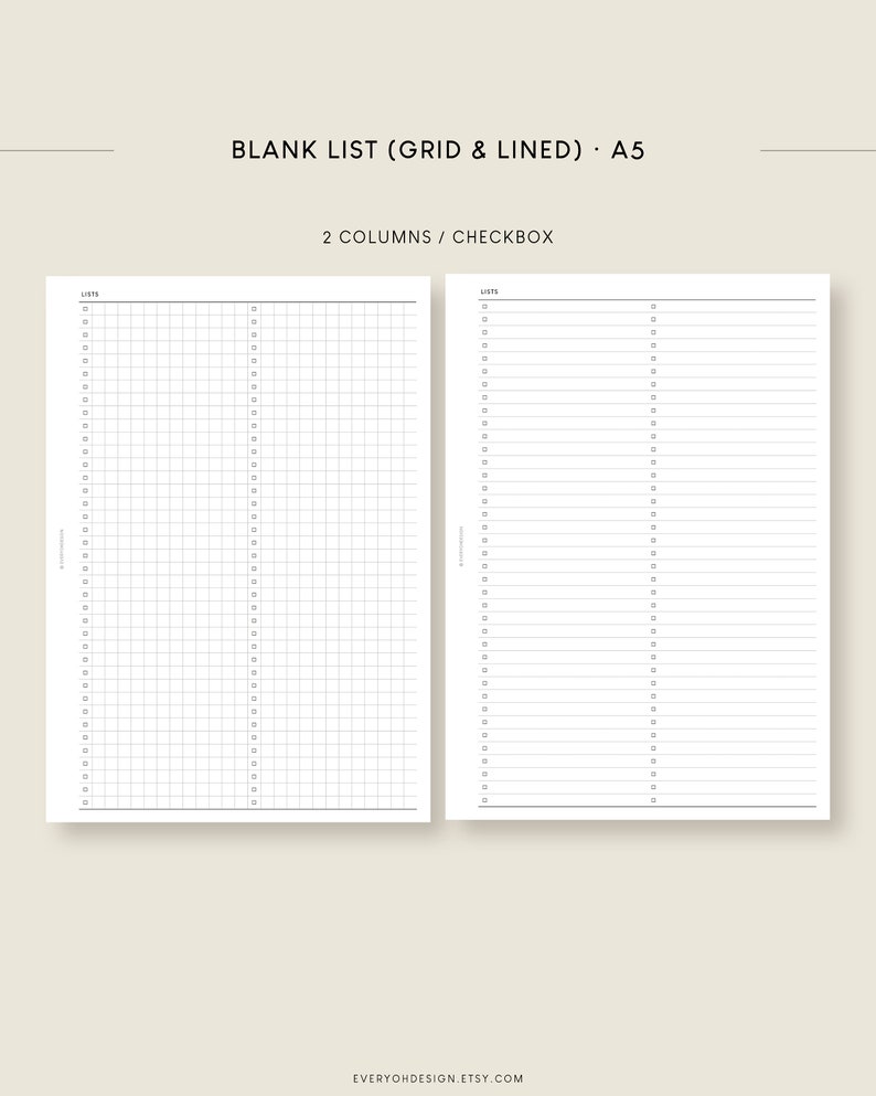 A5 Printable Checklist Inserts: Grid & Lined, 2-column (digital ...