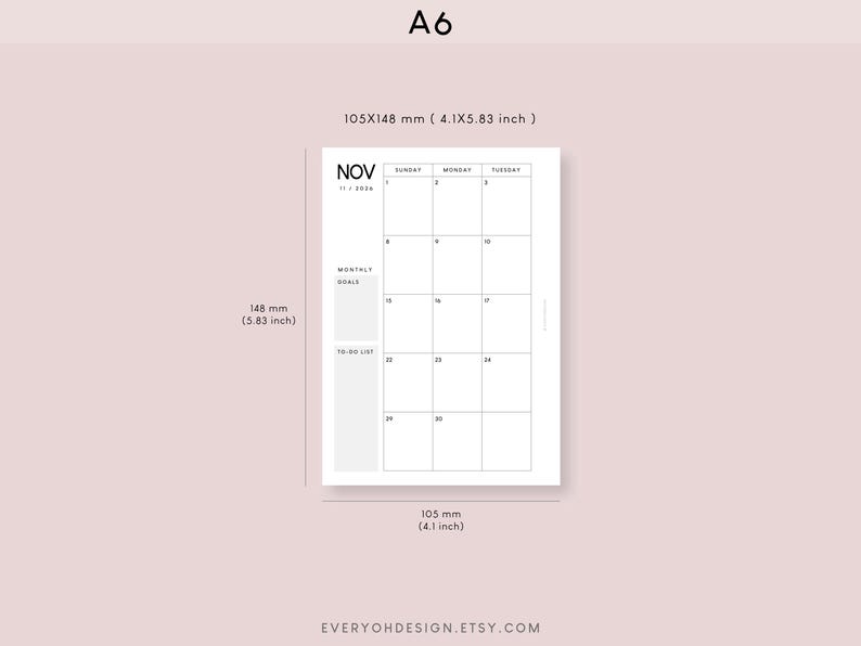 2026 A6 Monthly Calendar Printable Inserts (included Editable PDF) - Etsy