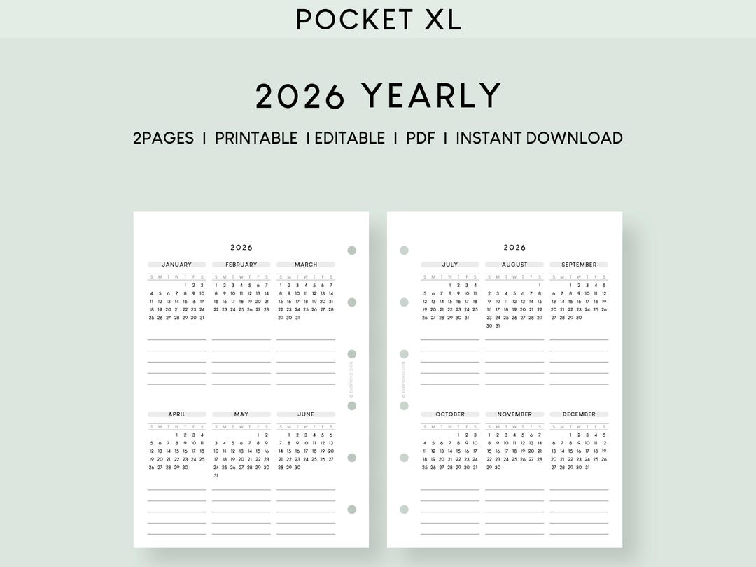 2026 Yearly Calendar Printable Inserts: Pocket Plus XL, Minimalist ...