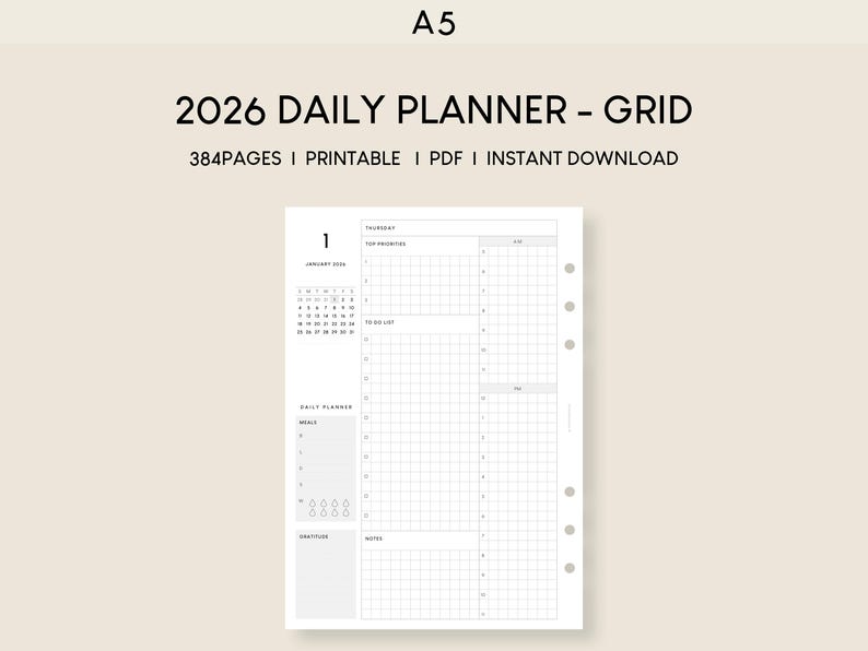 2026 A5 Daily Planner Printable: Grid Layout (PDF Download) - Etsy