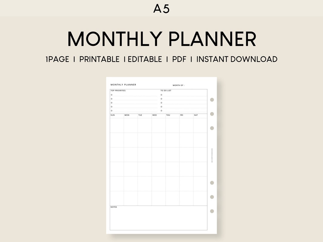 Printable Month on 1 Page A5 Inserts | Editable Undated Monthly at a ...