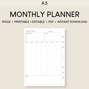 Puede incluir: Un planificador mensual A5 imprimible con secciones para las principales prioridades, la lista de tareas, las notas y una cuadrícula de calendario con los días de la semana etiquetados. El planificador está diseñado para su uso con un sistema de planificador de encuadernación en disco.