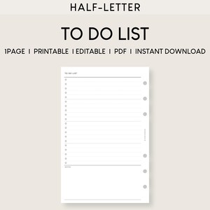Lista de tareas imprimible de media carta: Planificador de tareas editable (descarga digital)
