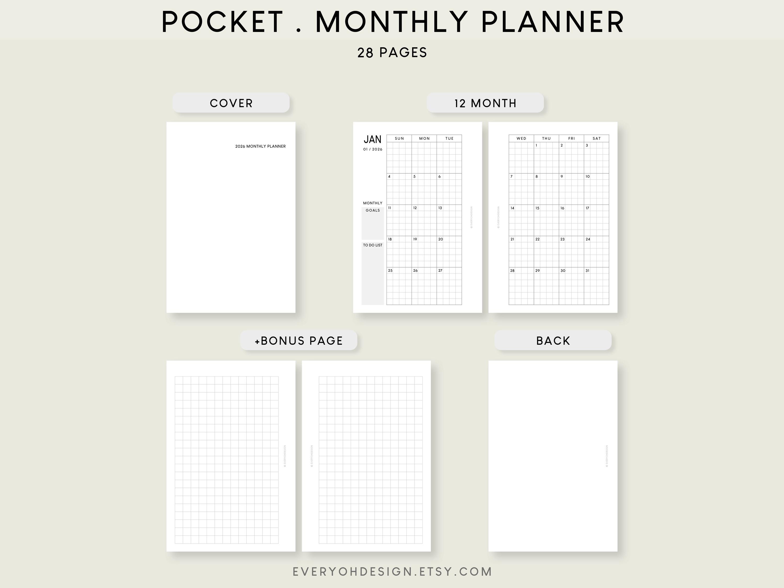 2026 Pocket Monthly Calendar Printable Inserts: Grid Notes (PDF) - Etsy