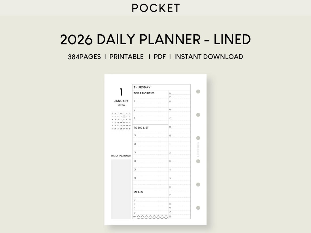 2026 Daily Planner Pocket Printable Insert: Hourly Schedule, Lined ...