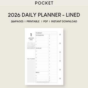 Planificador diario 2026 (encuadernado de bolsillo e imprimible): Horario por horas, notas rayadas (PDF)
