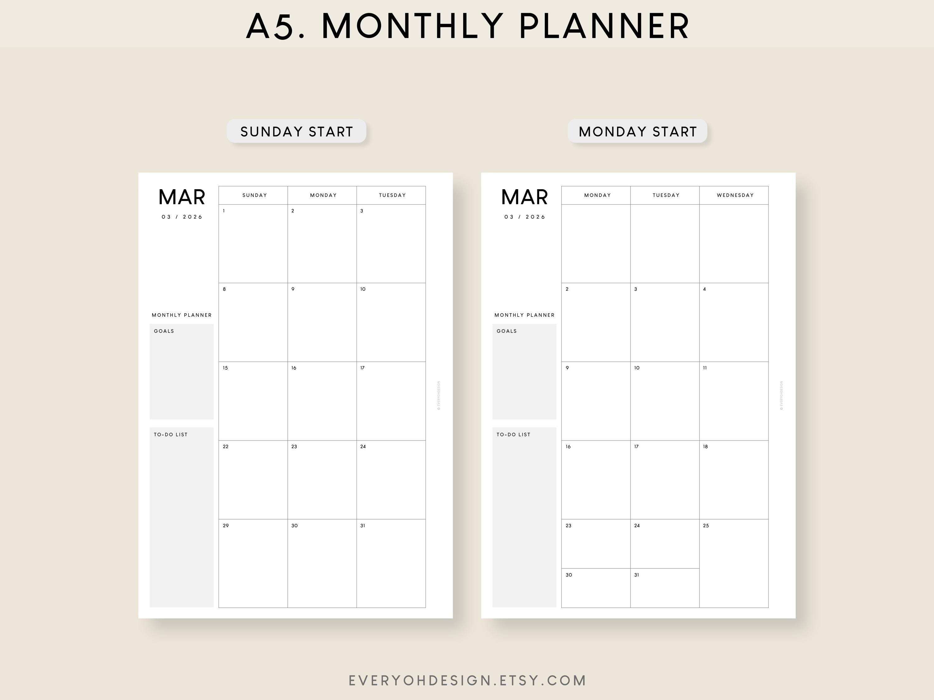 2026 Monthly Planner A5 Printable Insert: Minimalist Calendar (PDF) - Etsy