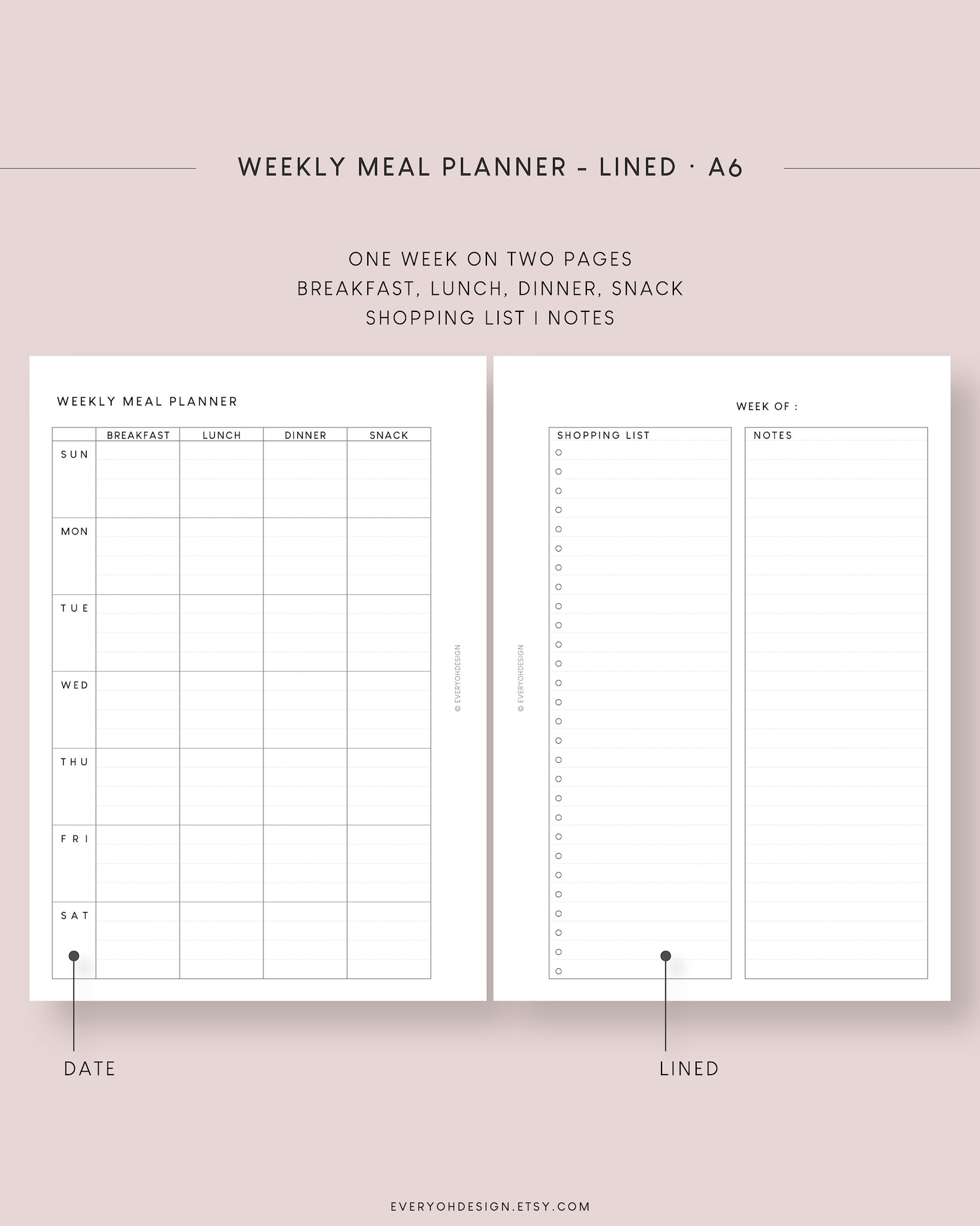 Weekly Meal Planner Lined A6 Printable Insert Week at A - Etsy