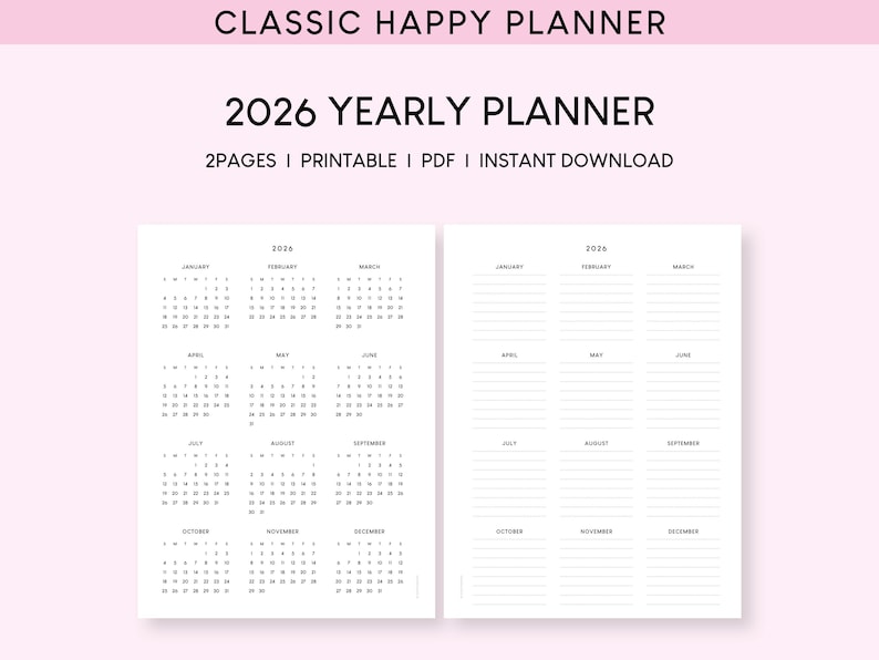 2026 Yearly Planner Printable Inserts: Classic Happy Planner (PDF) - Etsy