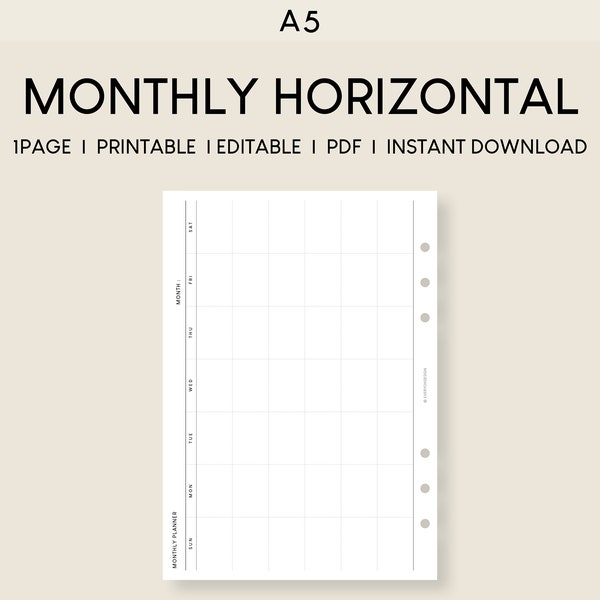 Monthly Planner Horizontal A5 Insert Printable | Month On One Page Scheduler | Editable Simple Calendar Template | Undated Planner Worksheet