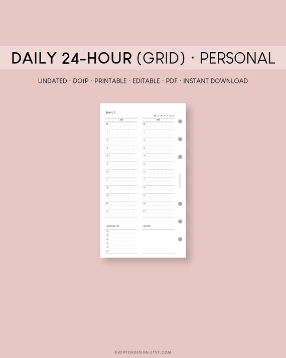 Personal Daily 24 Hour Planner Printable Insert Undated | Etsy