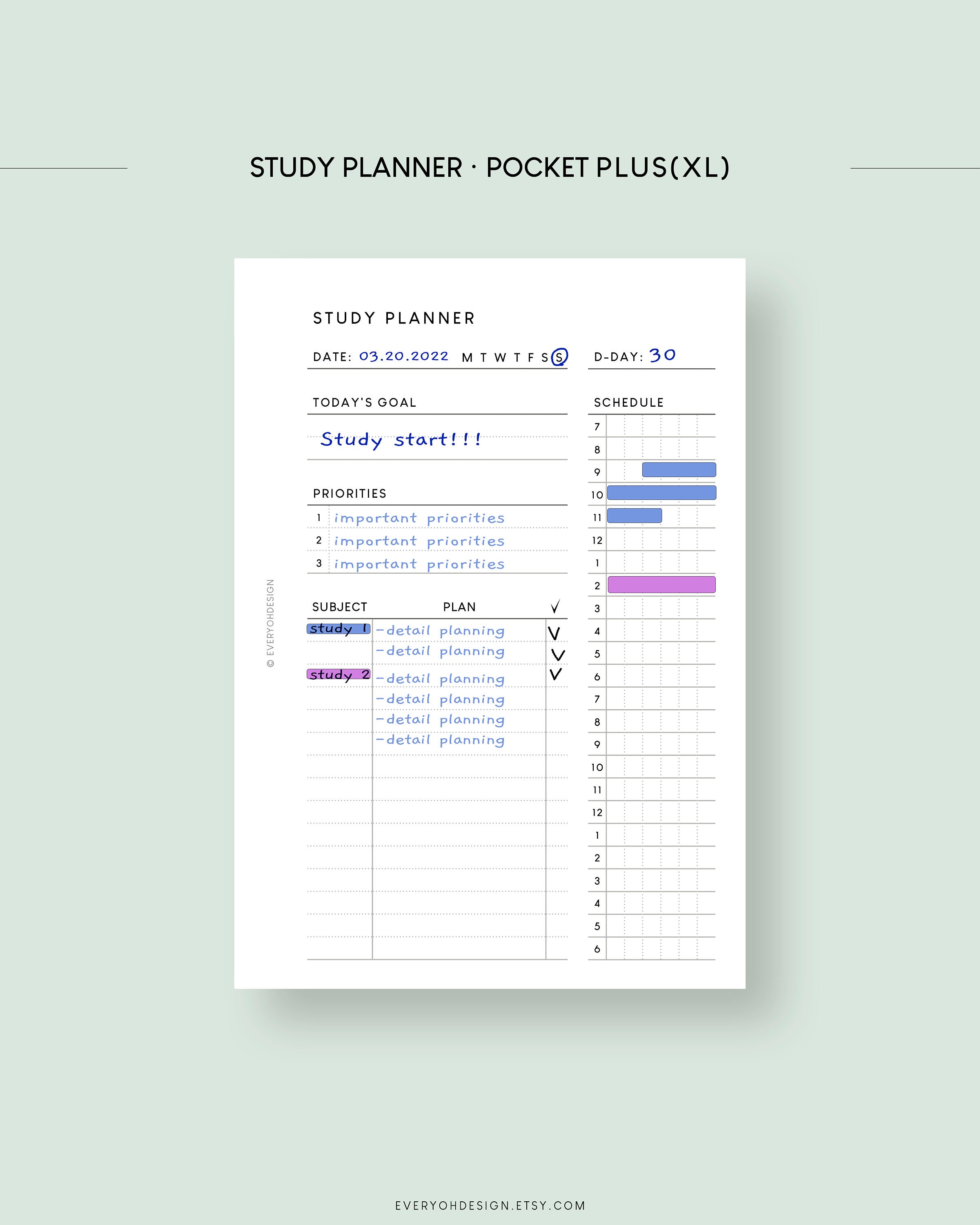 Pocket Plus Study Planner Printable Insert Student Schedule Template 10 ...