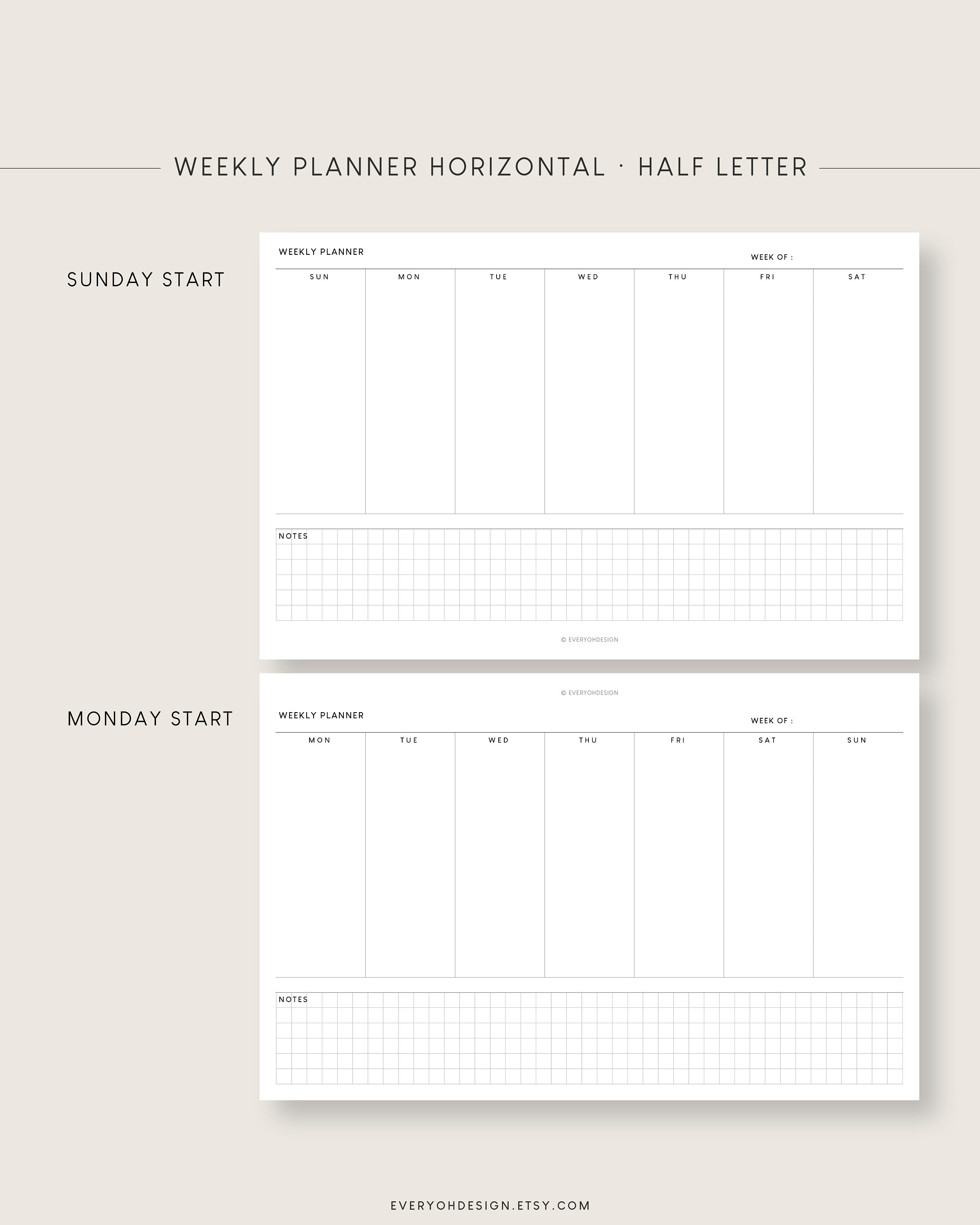 Undated Weekly Horizontal Planner Half Letter Inserts - Etsy UK