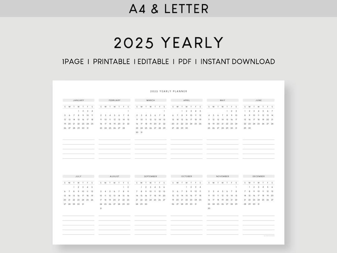 2025 Yearly Planner A4 & Letter | Printable Calendar Template ...