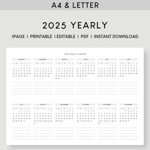 2025 年間プランナー A4 & レター | 印刷可能なカレンダー テンプレート | ミニマリストの年間概要編集可能 | 一目でわかる年間 | 未来ログ