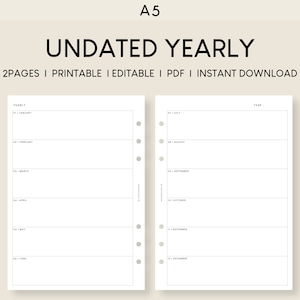 日付なしの年間プランナー A5 印刷可能な挿入物 | ミニマリストの記入可能な PDF テンプレート | 一年をひと目で把握 | 目標計画、イベント、ToDo リストの概念