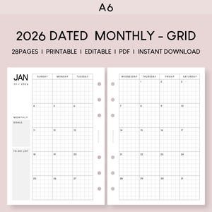 Planificador mensual imprimible A6 2026: Calendario con fecha y cuadrícula