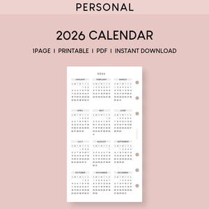 2026 Yearly Calendar Printable: Personal Planner Insert (PDF)