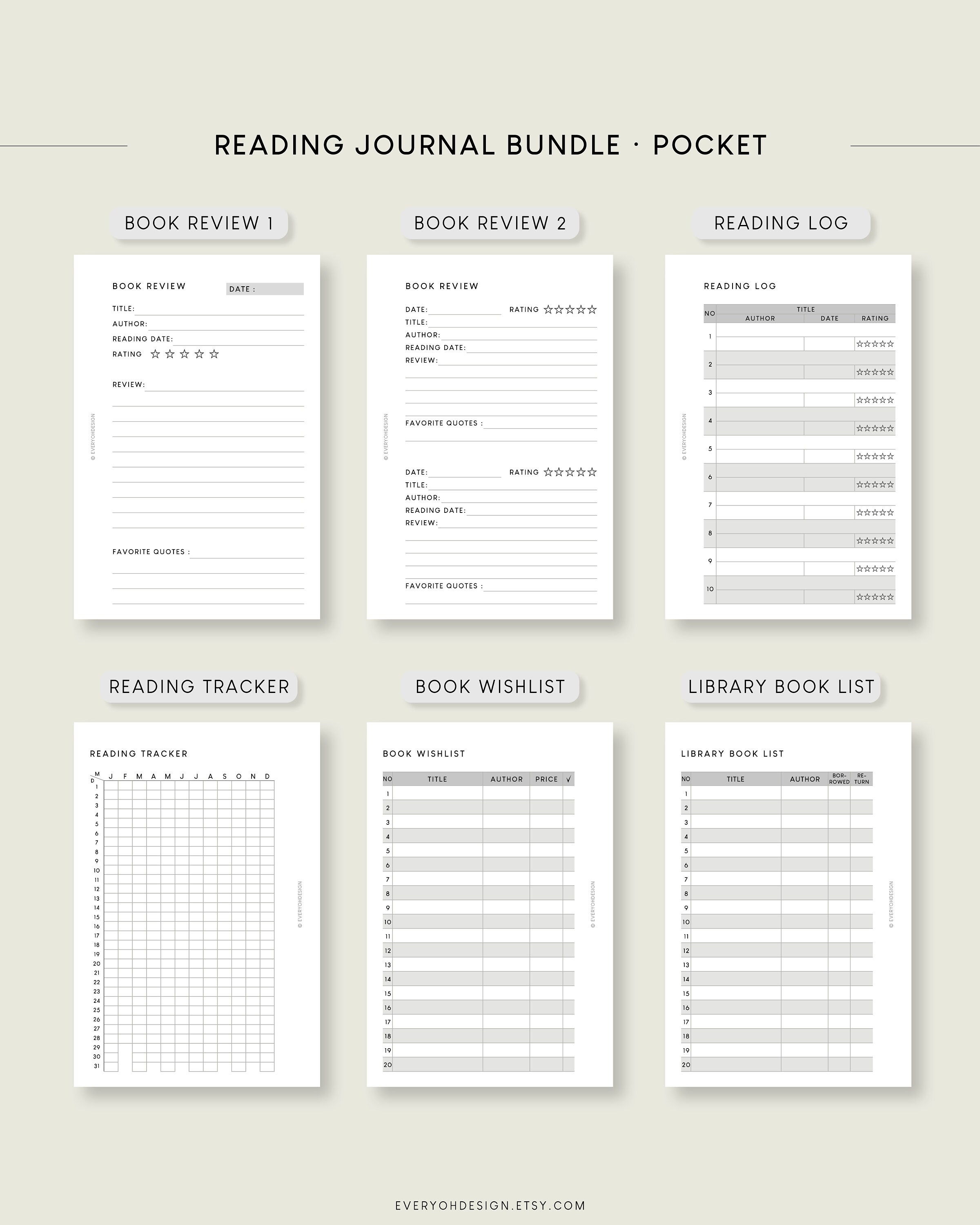 Pocket Reading Journal Bundle Printable Inserts Book Planner 6types ...