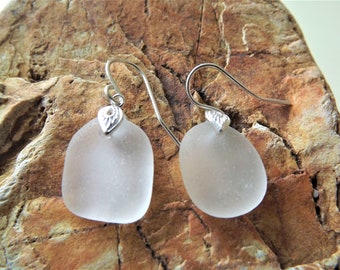 Sterling  Silver Genuine Clear/White Sea Glass Earrings From  Devon