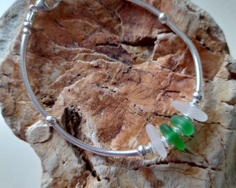 Sea Glass Bracelet, Sterling Silver With Genuine White & Green Sea Glass From Bovisand Devon