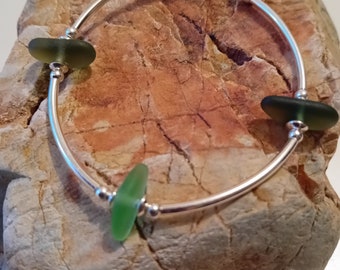 Sea Glass Bracelet, Sterling Silver With Genuine Shades Of Green Sea Glass From Jennycliff Devon