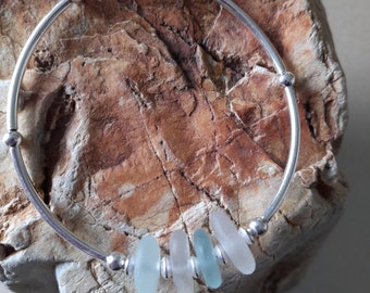 Sea Glass Bracelet, Sterling Silver With Genuine Shades Of Sea Foam & White Sea Glass From Bovisand Devon