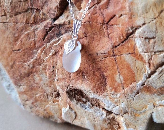 Sea Glass Pendant, Genuine White/Clear Sea Glass Jewellery From Bovisand Devon, Pendant Necklace, Sterling Silver Jewellery