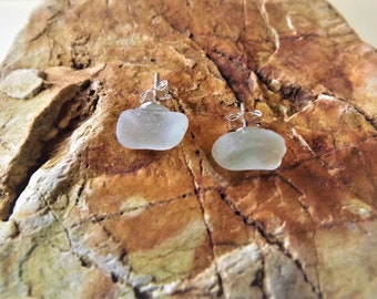 Sterling  Silver Genuine Aqua Sea Glass Earrings From Devon