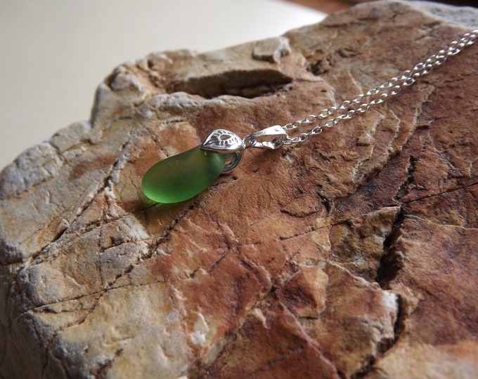 Sea Glass Pendant, Genuine Green Sea Glass Jewellery From Bovisand Devon, Pendant Necklace, Sterling Silver Jewellery