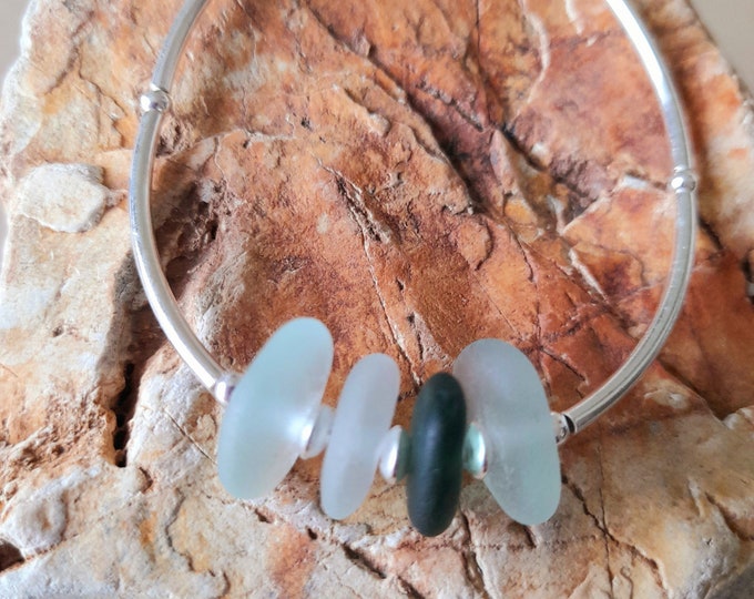 Sea Glass Bracelet, Sterling Silver With Genuine Shades Of Turquoise, Sea Foam & White Sea Glass From Bovisand Devon