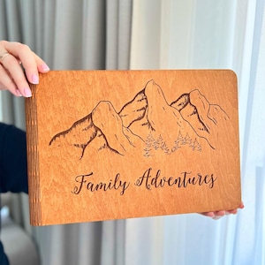 Wooden Family Adventure Album – Personalized Travel Scrapbook – Mountain Design Memory Book, Polaroid Photo Album – Unique Gift for Families