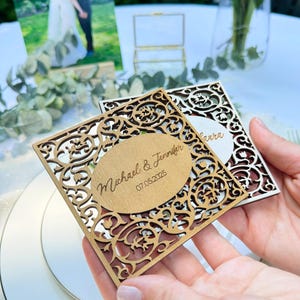 Personalized Wooden Wedding Place Cards | Laser Cut Coasters for Guests | Rustic Custom Name Favors | Elegant Table Decor in Bulk