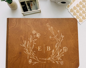 Wooden Wedding Guest Book with Initials – Personalized Polaroid Album – Custom Scrapbook Gift – Rustic Keepsake for Couples