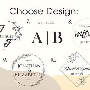 K&ouml;nnte beinhalten: Zehn verschiedene Hochzeits-Logo-Designs mit floralen Akzenten. Die Designs beinhalten Initialen, Namen und Daten. Die Logos sind in Schwarzwei&szlig; und vor einem wei&szlig;en Hintergrund platziert.