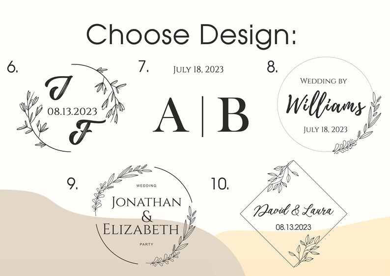 K&ouml;nnte beinhalten: Zehn verschiedene Hochzeits-Logo-Designs mit floralen Akzenten. Die Designs beinhalten Initialen, Namen und Daten. Die Logos sind in Schwarzwei&szlig; und vor einem wei&szlig;en Hintergrund platziert.